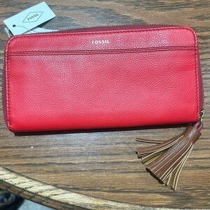 Fossil Vibrant Red Leather Wallet with Tassel -Tara Clutch - Brick Red SF PF